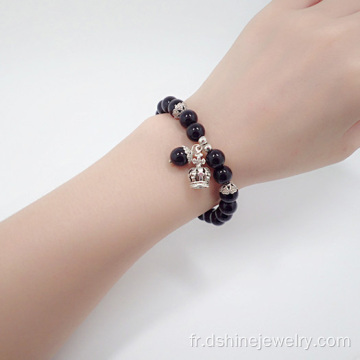 Bracelet en Onyx noir avec Couronne goutte pendentif Bracelet